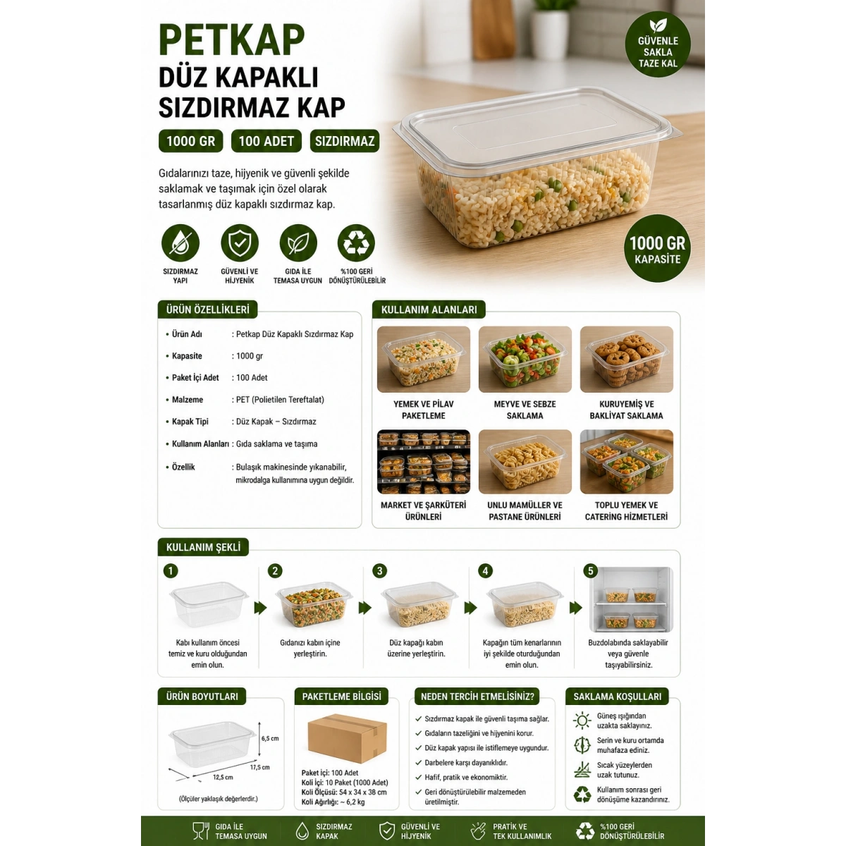 Petkap Düz Kapaklı Sızdırmaz 1000 gr 100 Adet