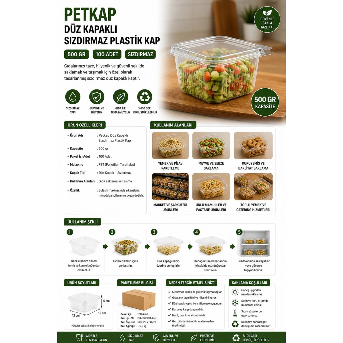 Petkap Düz Kapaklı Sızdırmaz Plastik Kap 500 gr 100 Adet