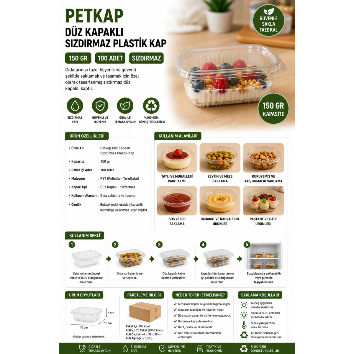 Petkap Düz Kapaklı Sızdırmaz Plastik Kap 150 gr 100 Adet