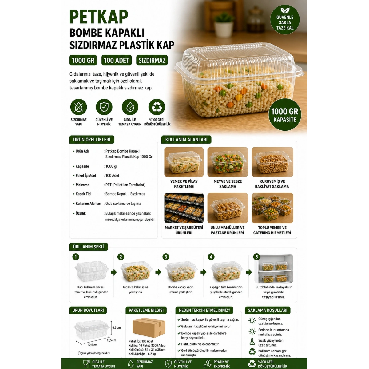 Petkap Bombe Kapaklı Sızdırmaz Plastik Kap 1000 gr 100 Adet