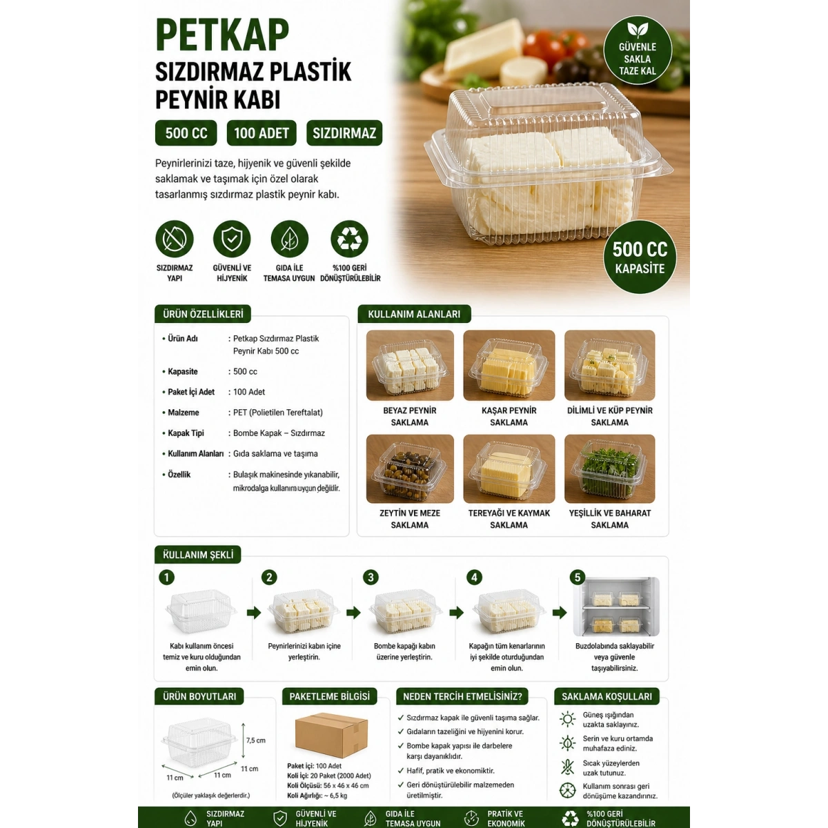 Petkap Sızdırmaz Plastik Peynir Kabı 500 cc 100 Adet