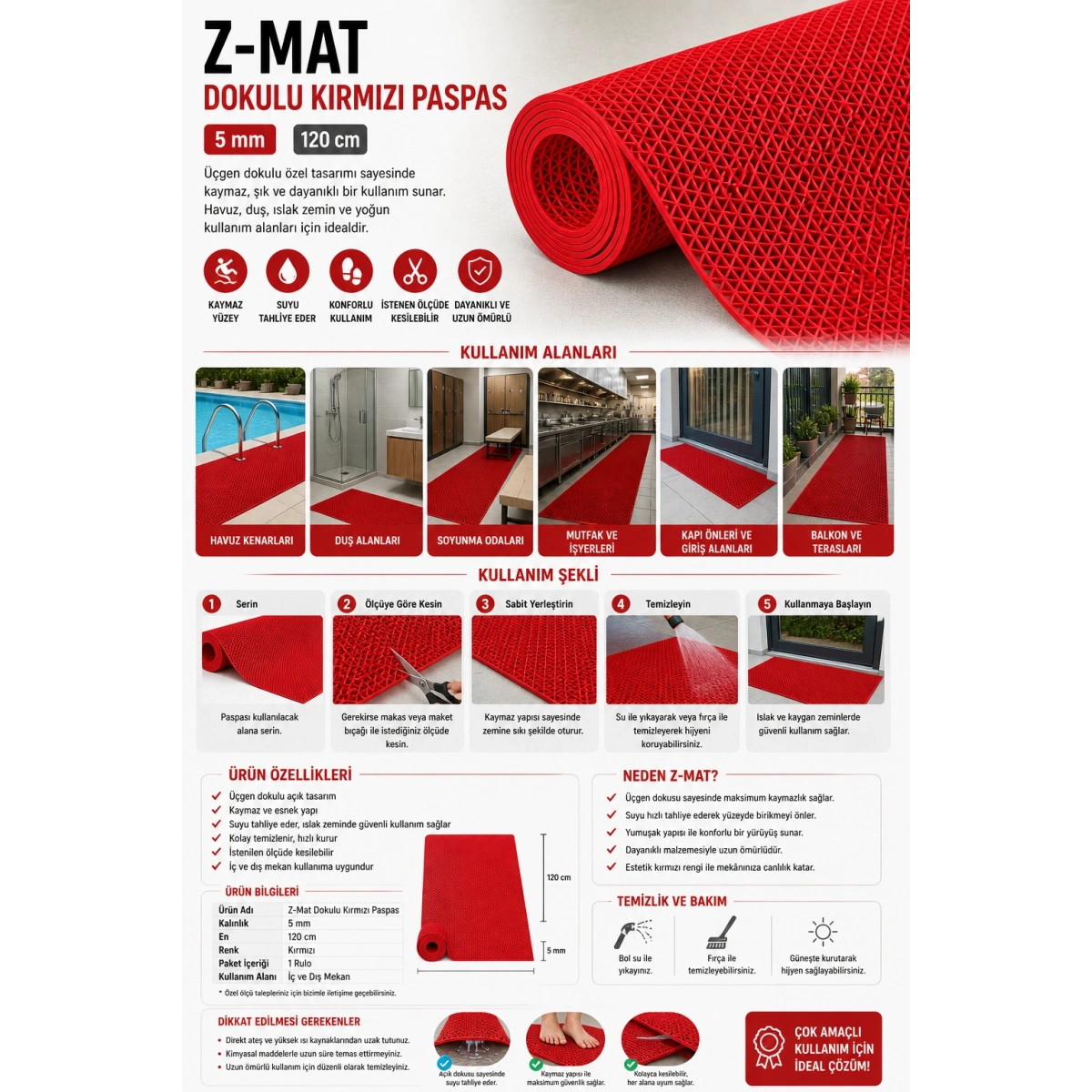 Z-Mat Dokulu Kırmızı Paspas 5 mm 120 cm