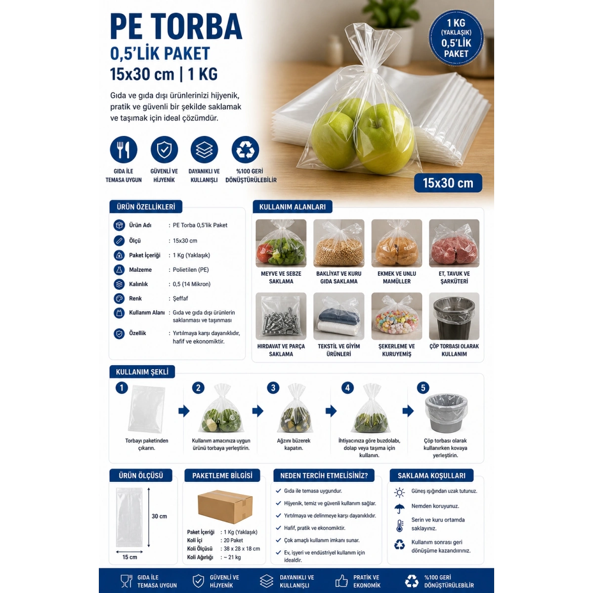 Pe Torba 0,5lik Paket 1 kg 15x30 cm