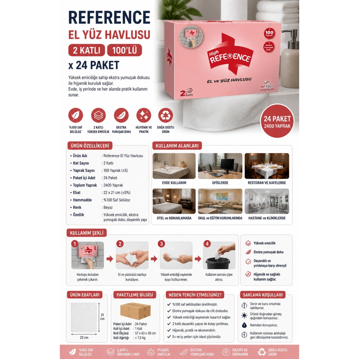 Reference El Yüz Havlusu 2 Katlı 100lü x 24 Paket