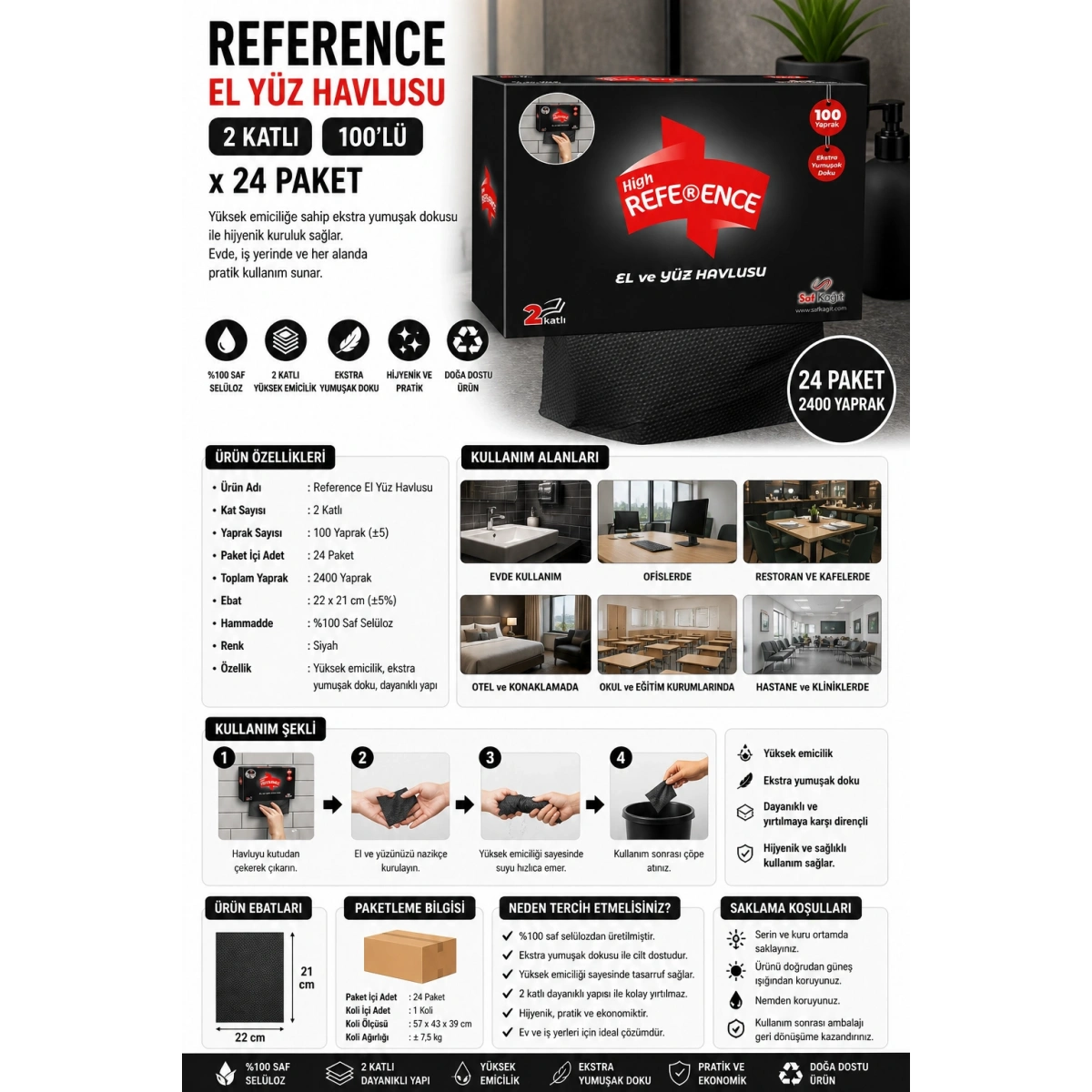 Reference El Yüz Havlusu 2 Katlı 100lü x 24 Paket Siyah