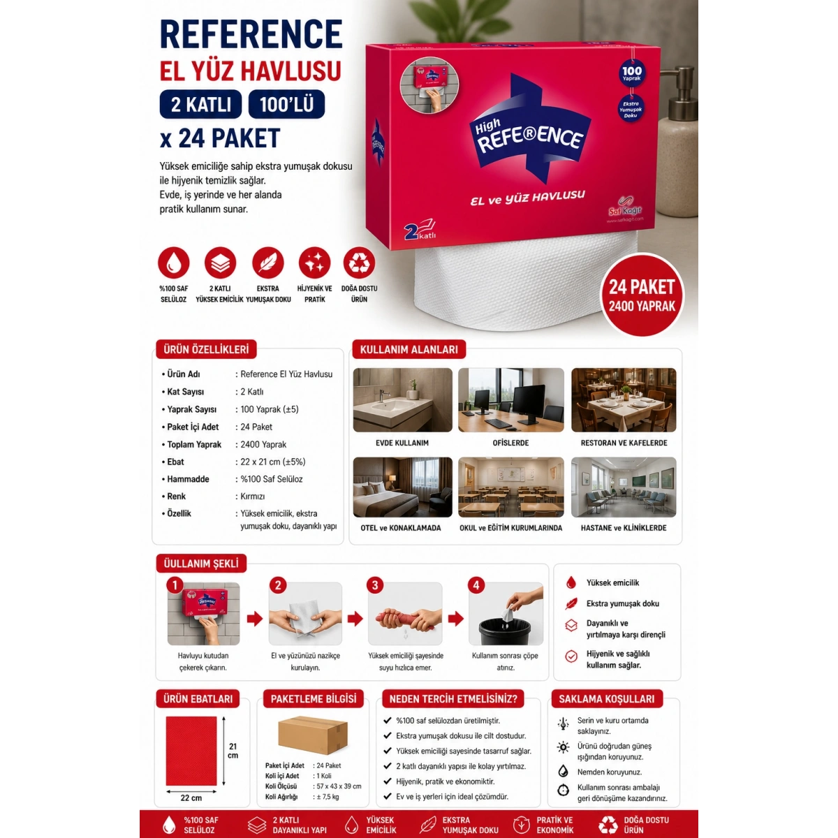 Reference El Yüz Havlusu 2 Katlı 100lü x 24 Paket Kırmızı