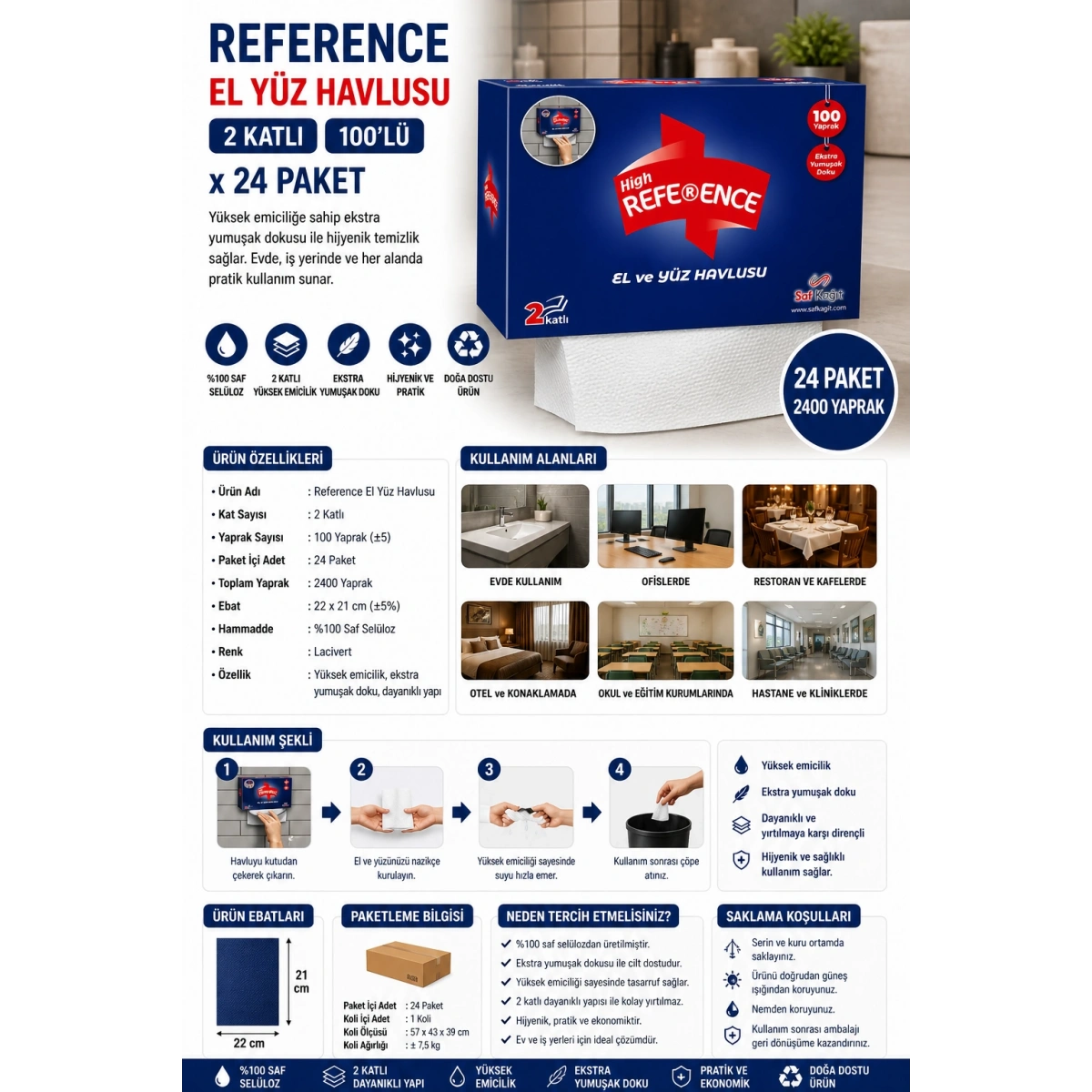 Reference El Yüz Havlusu 2 Katlı 100lü x 24 Paket Lacivert
