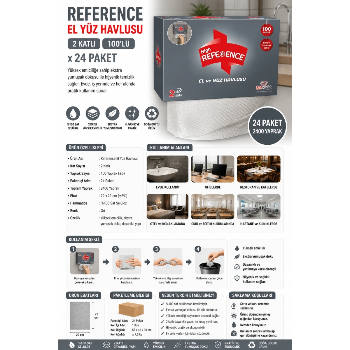 Reference El Yüz Havlusu 2 Katlı 100lü 24 Paket Gri