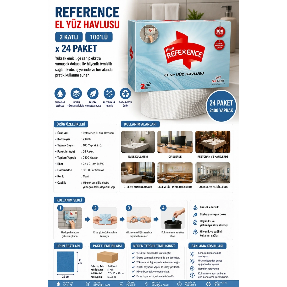 Reference El Yüz Havlusu 2 Katlı 100lü 24 Paket Mavi