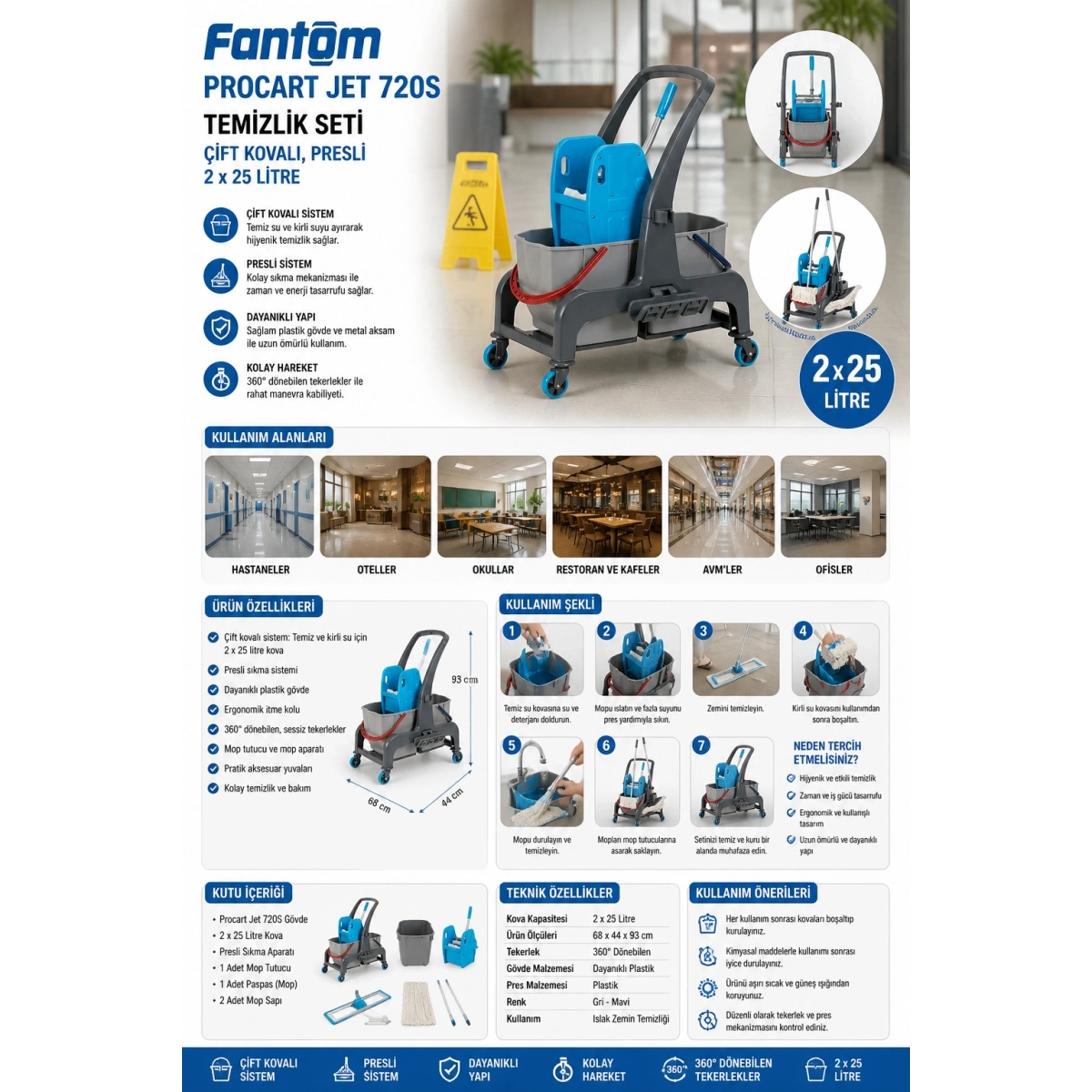 Fantom Procart Jet 720S Temizlik Seti Çift Kovalı, Presli 2 x 25 Litre