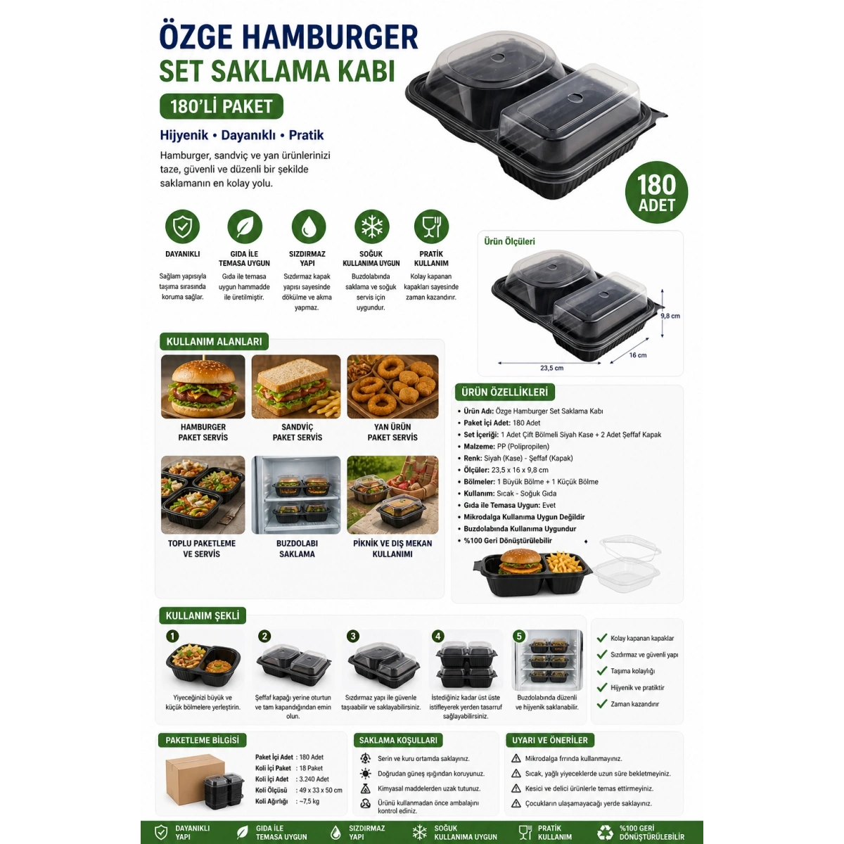 Özge Hamburger Set Saklama Kabı 180li