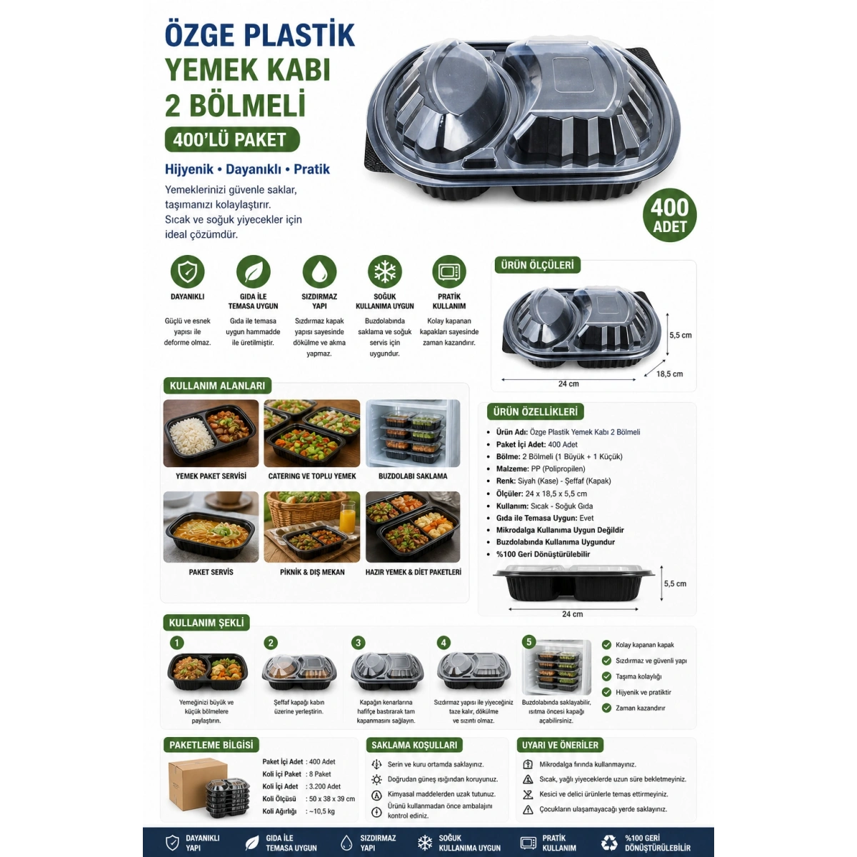 Özge Plastik Yemek Kabı 2 Bölmeli 400lü