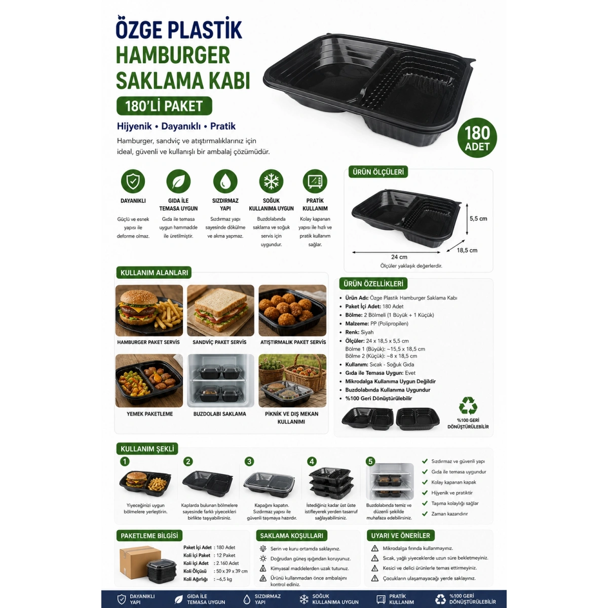 Özge Plastik Hamburger Saklama Kabı 180li