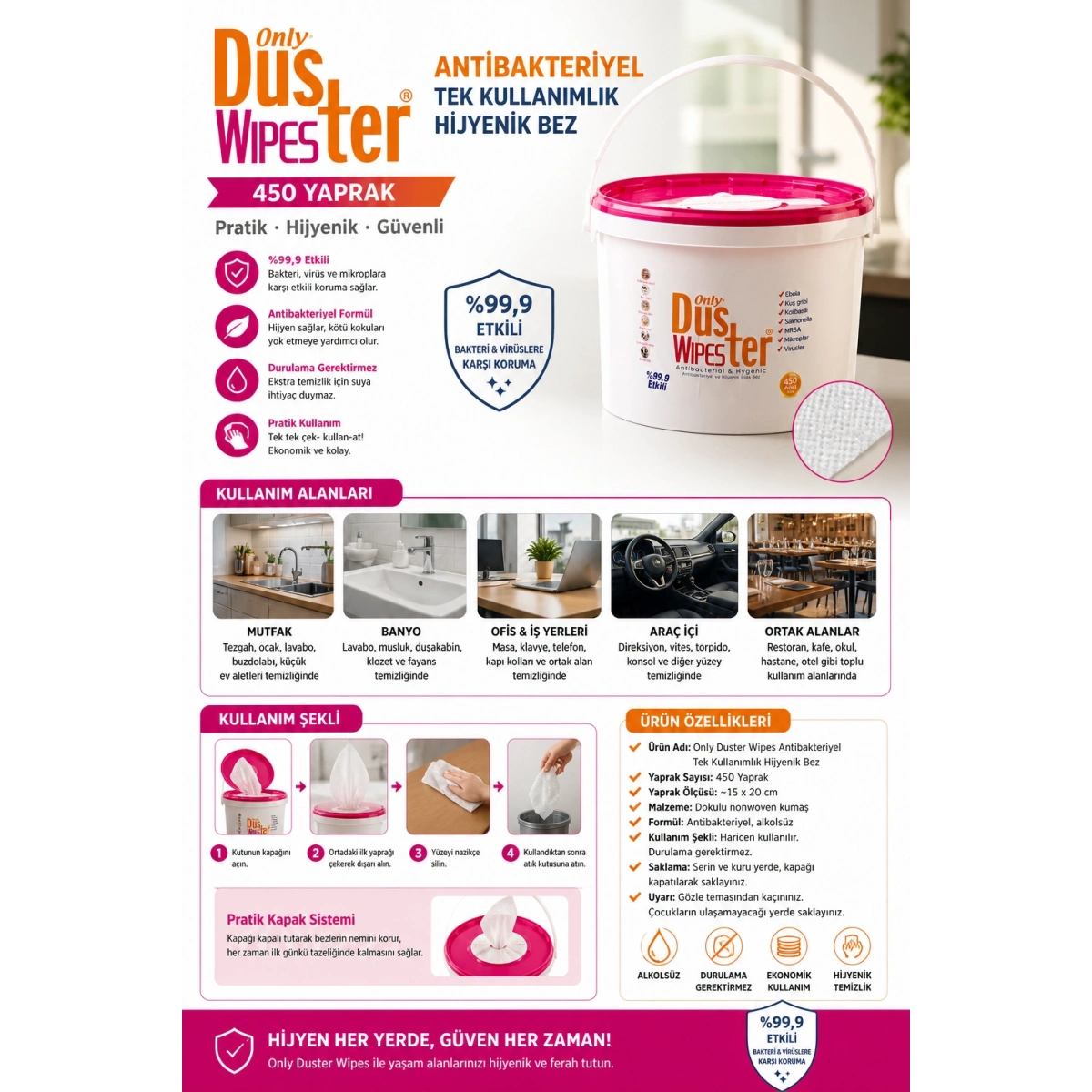 Only Antibakteriyel Tek Kullanımlık Hijyenik Bez Duster Wipes 450 Yaprak