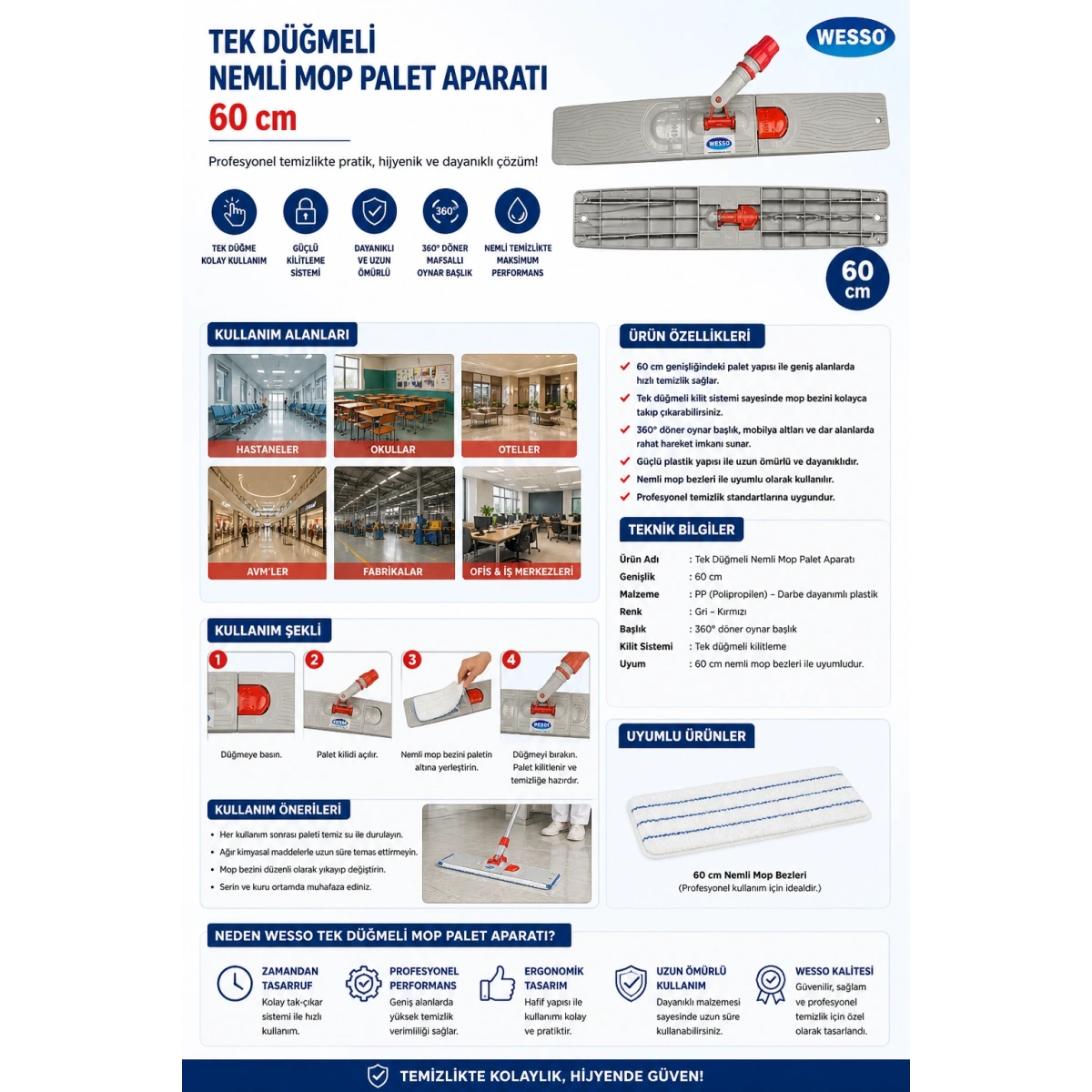 Tek Düğmeli Nemli Mop Palet Aparatı 60 cm