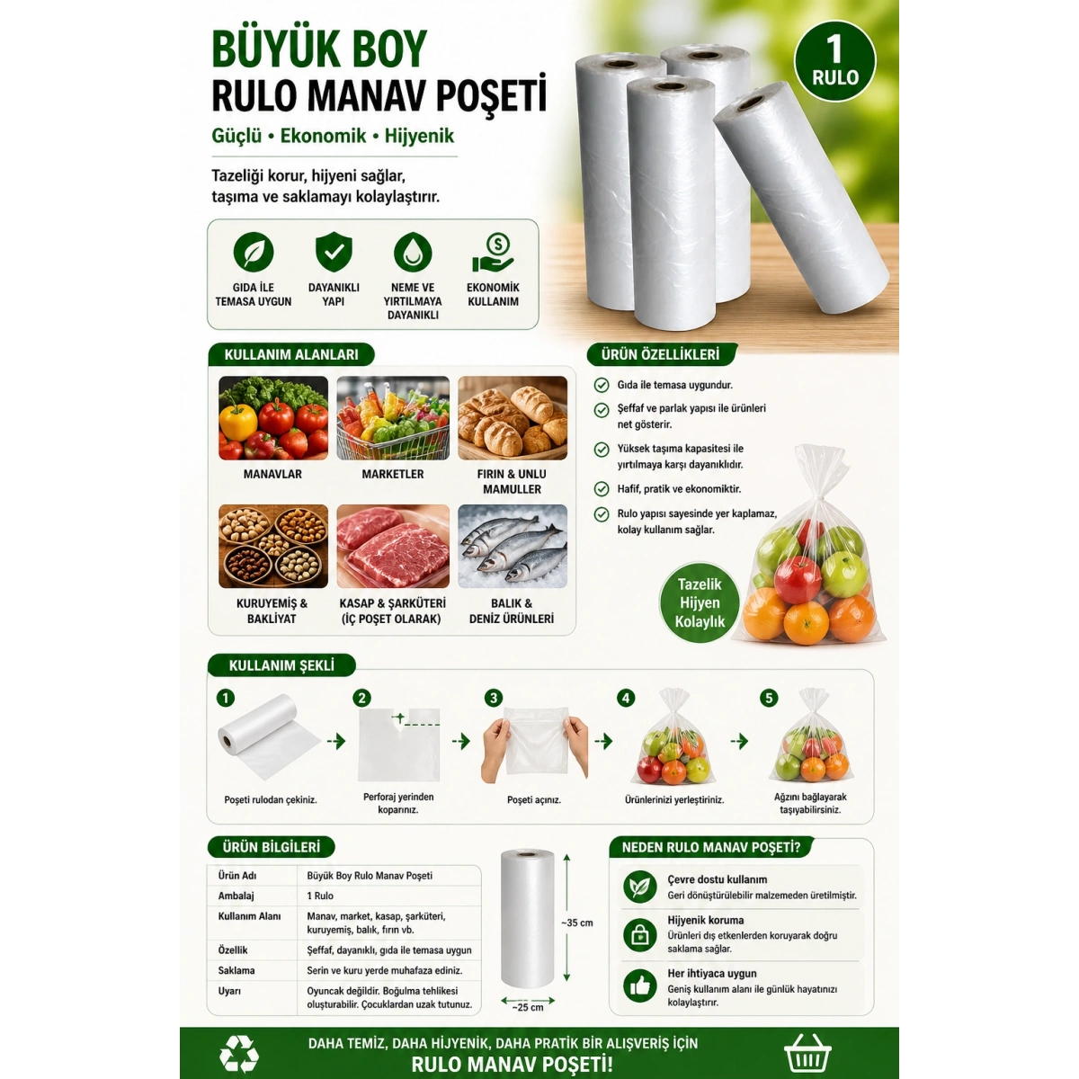 Büyük Boy Rulo Manav Poşeti 1 Rulo