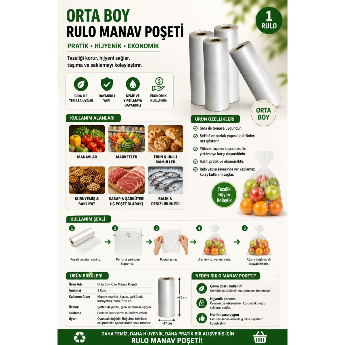 Orta Boy Rulo Manav Poşeti 1 Rulo