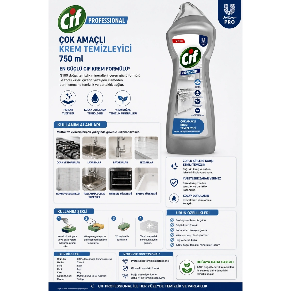 Cif Pro Çok Amaçlı Mineralli Krem Temizleyici 750 ml