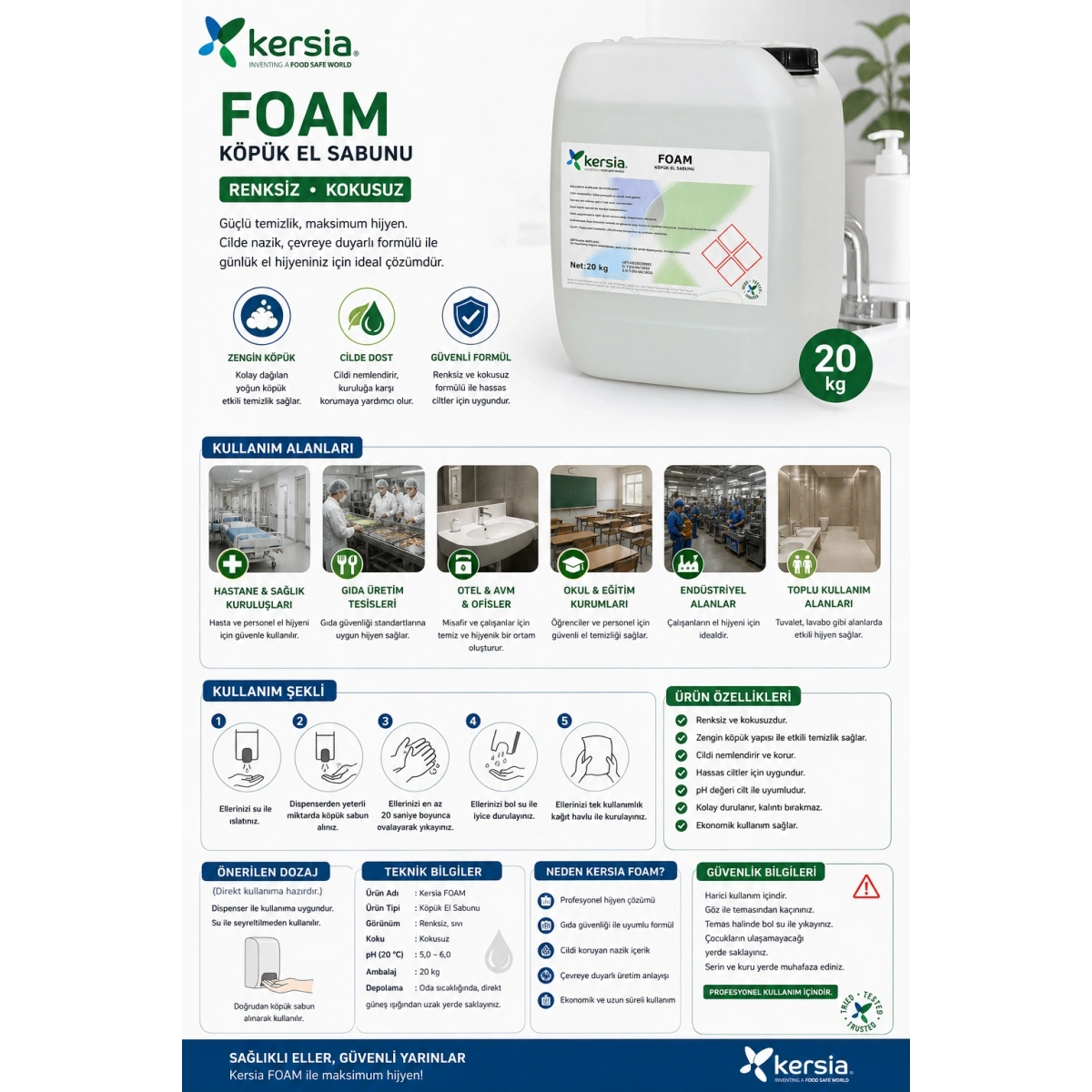Kersia FOAM (Renksiz Kokusuz Köpük El Sabunu) 20 kg