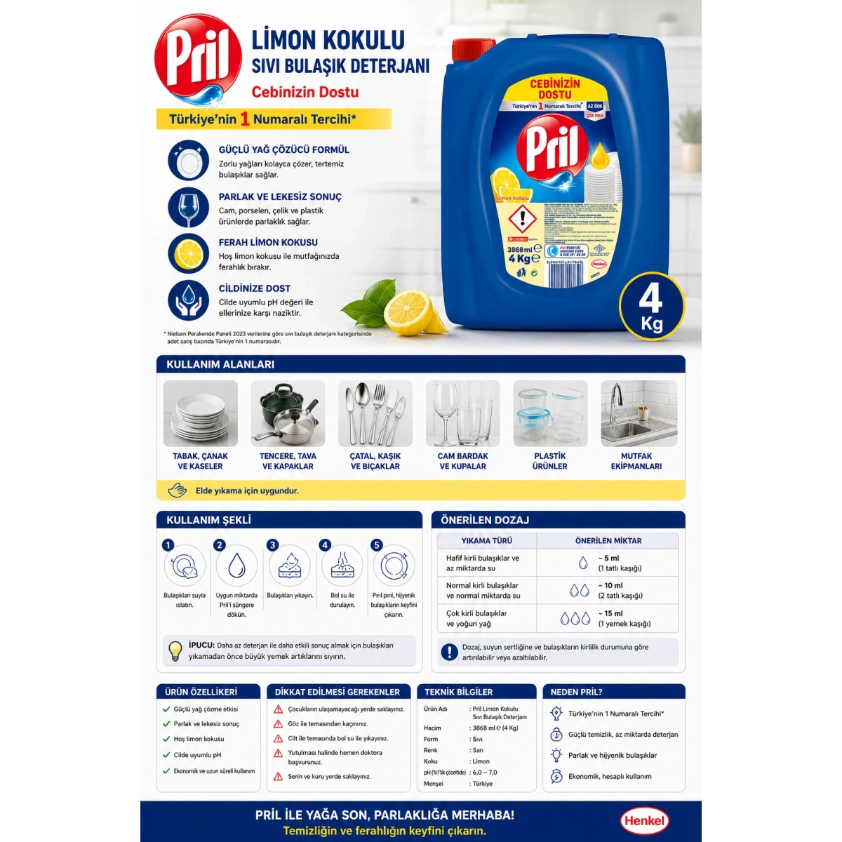 Pril Limon Kokulu Sıvı Bulaşık Deterjanı 4 Kg