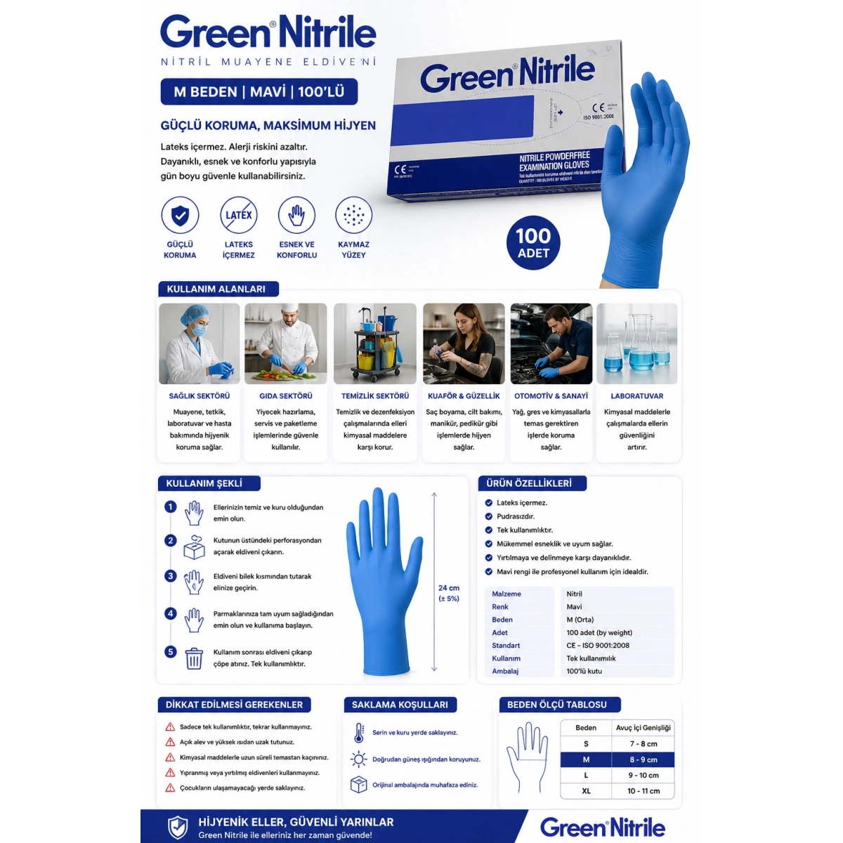 Green Nitril Mavi Eldiven M Beden 100lü