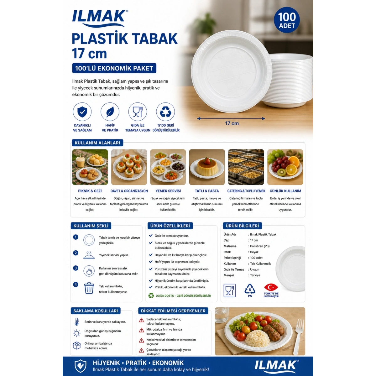 Ilmak Plastik Tabak 17 cm 100lü