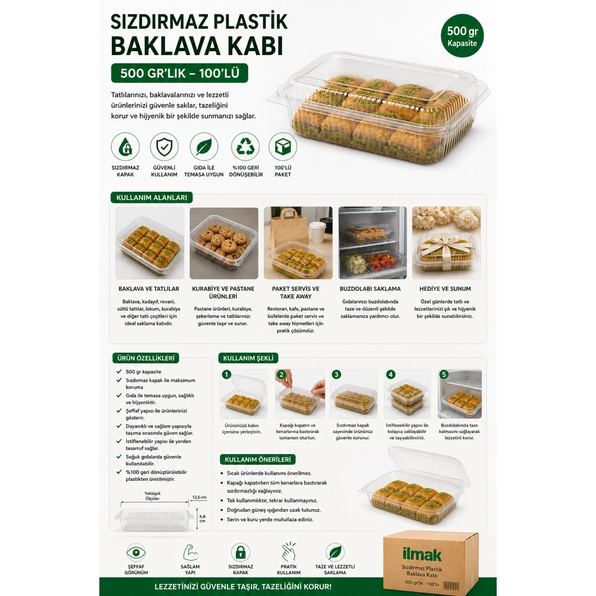 Sızdırmaz Plastik 500 grlık Baklava Kabı 100lü