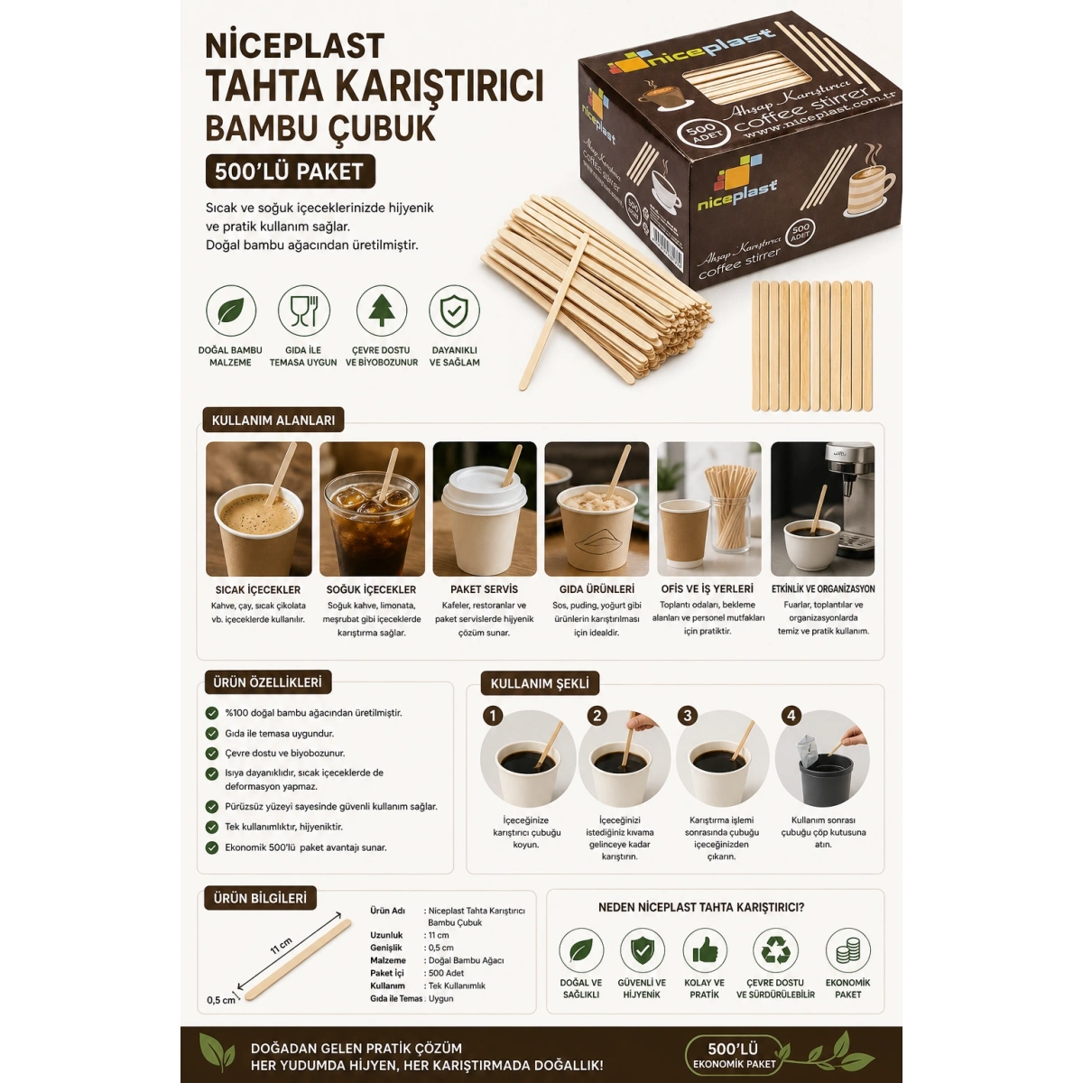 Niceplast Tahta Karıştırıcı Bambu Çubuk 500lü