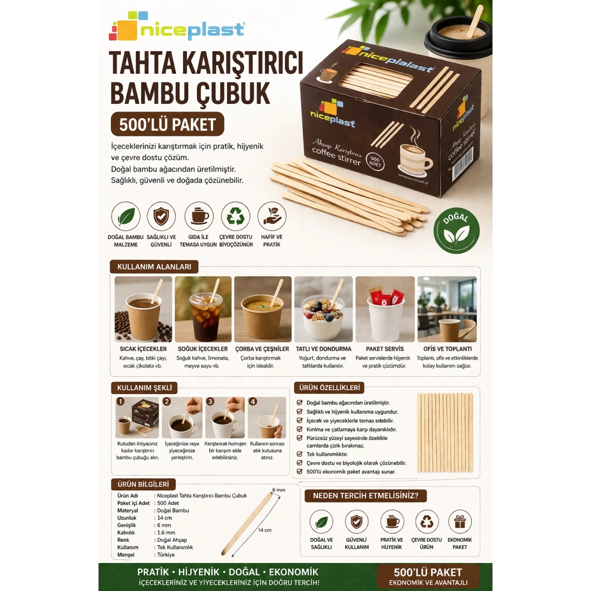 Niceplast Tahta Karıştırıcı Bambu Çubuk 500lü