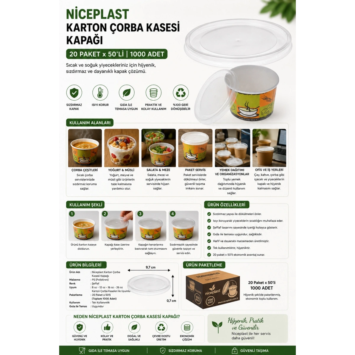 Niceplast Karton Çorba Kasesi Kapağı 20 Paket*50li 1000 Adet