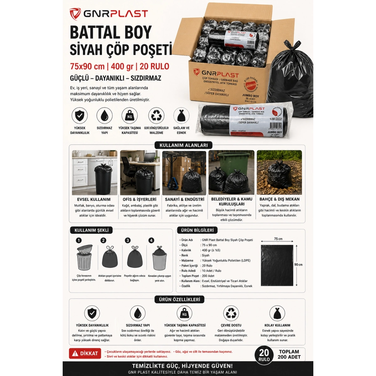 Gnr Plast Battal Boy Siyah Çöp Poşeti 75x90 cm, 400 gr, 20 Rulo