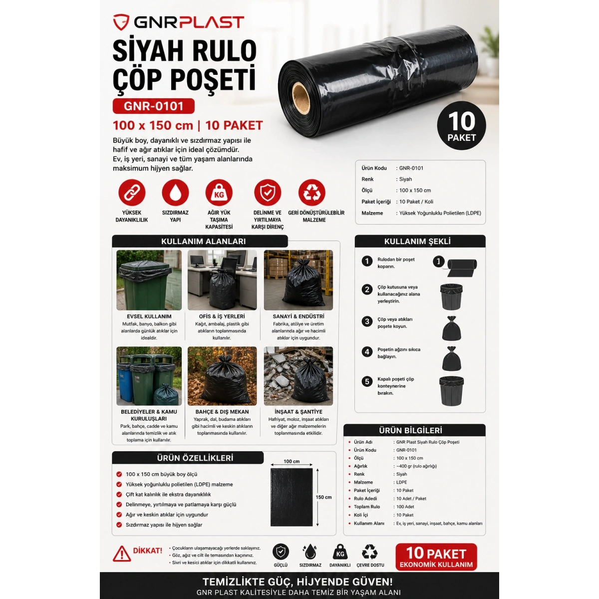 Gnr Plast GNR-0101 Siyah Rulo Çöp Poşeti 100 x 150 cm 10 Paket