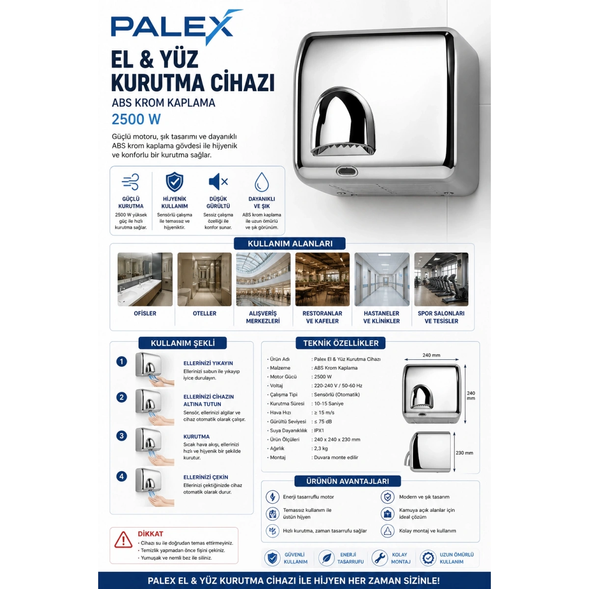 Palex El&Yüz Kurutma Cihazı Abs Krom Kaplama 2500 W