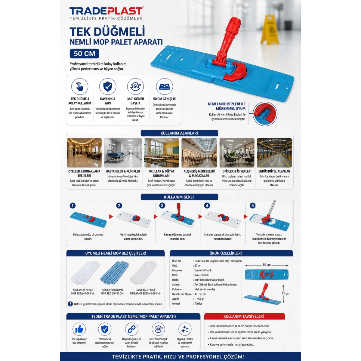 Trade Plast Tek Düğmeli Nemli Mop Palet Aparatı 50 Cm