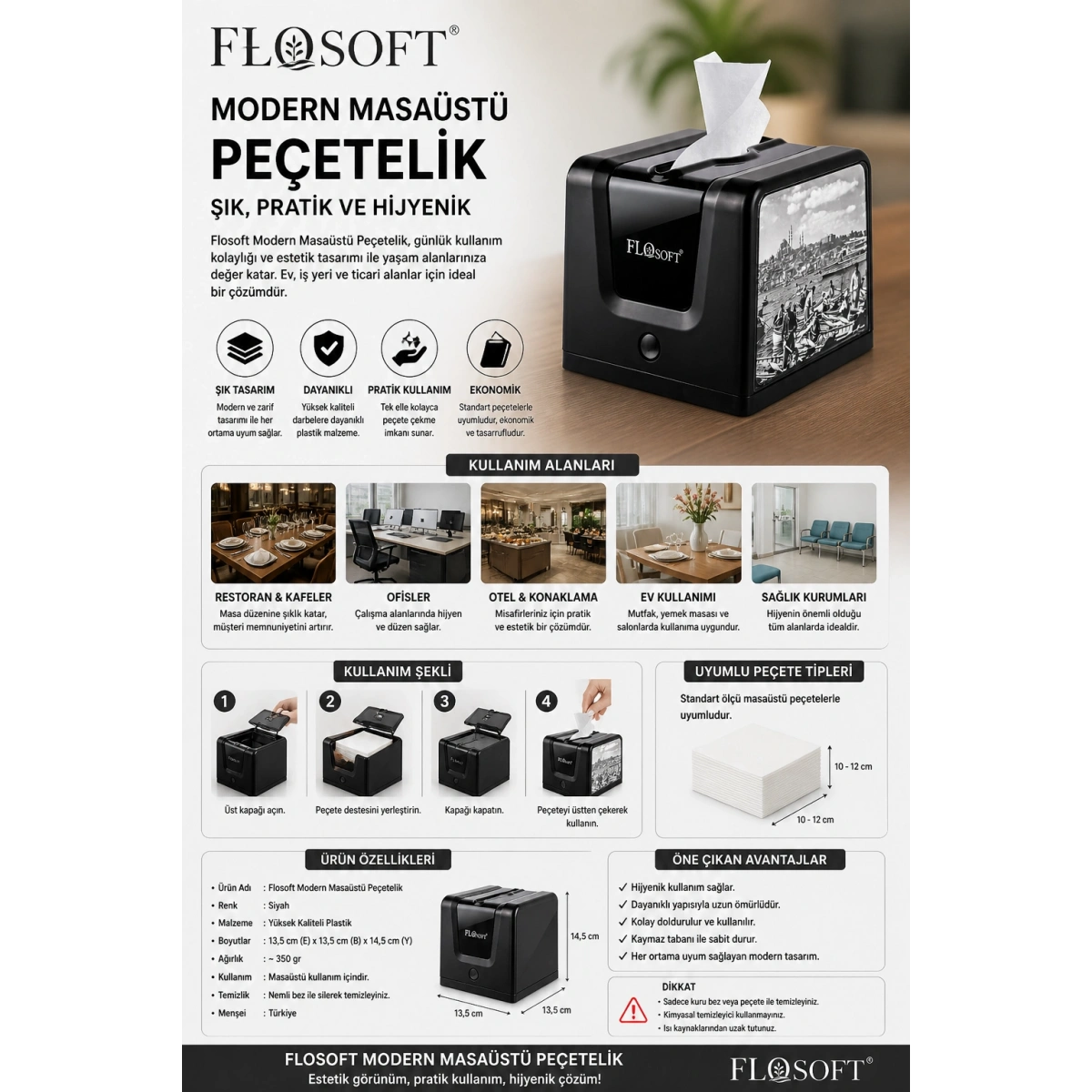Flosoft Modern Masaüstü Siyah Peçetelik