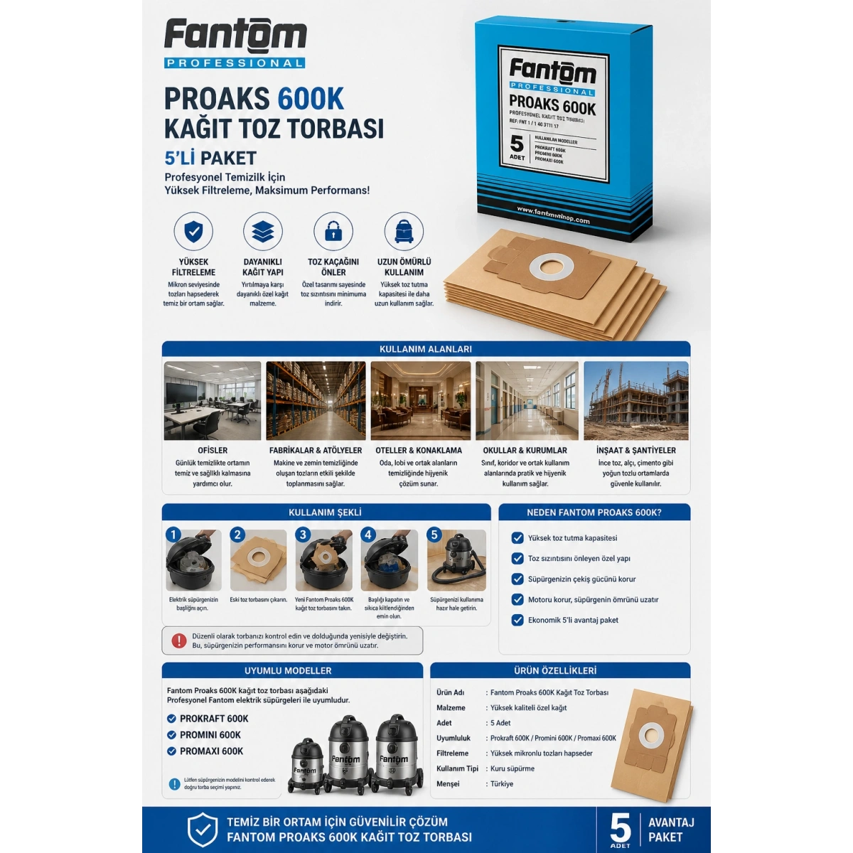 Fantom Proaks 600K Kağıt Toz Torbası 5li