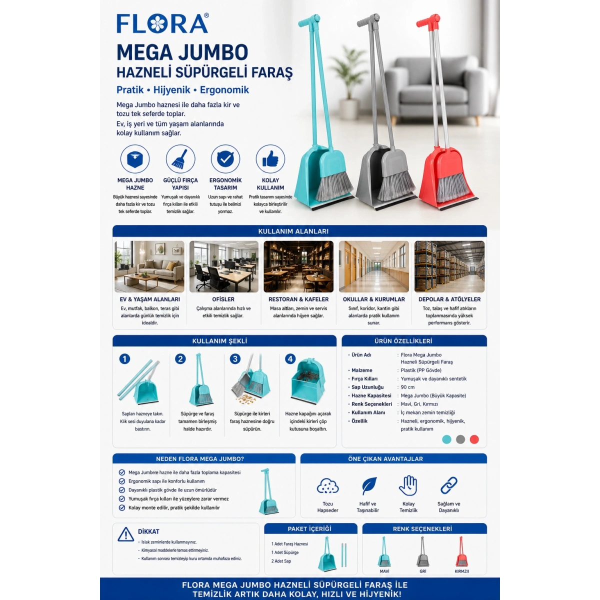 Flora Mega Jumbo Hazneli Süpürgeli Faraş