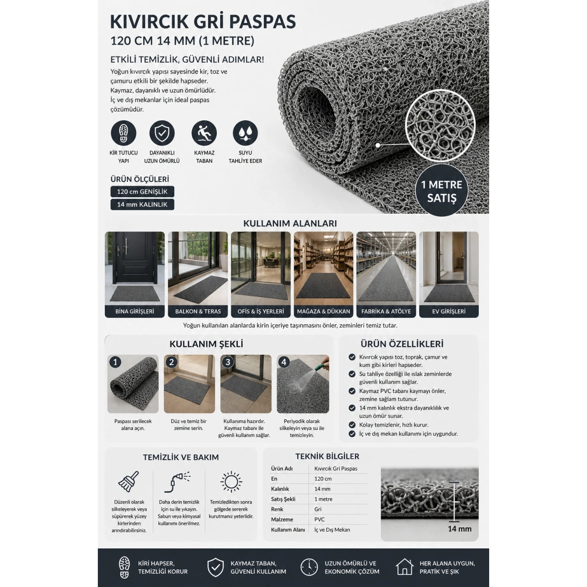 Kıvırcık Gri Paspas 120 Cm 14 mm (1 metre)