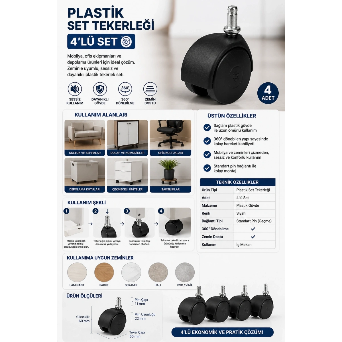Plastik Set Tekerleği 4lü
