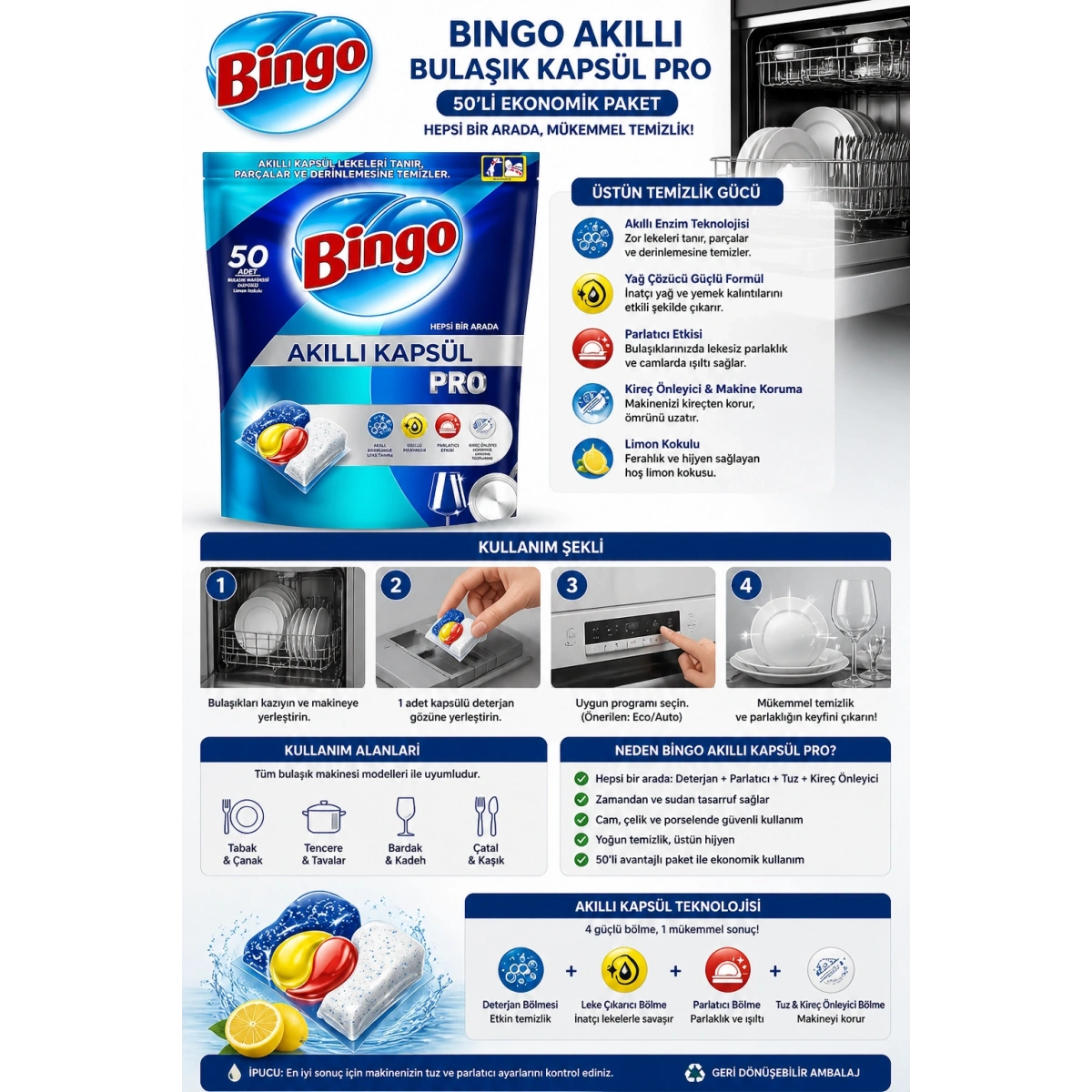 Bingo Akıllı Bulaşık Kapsül Pro 50li