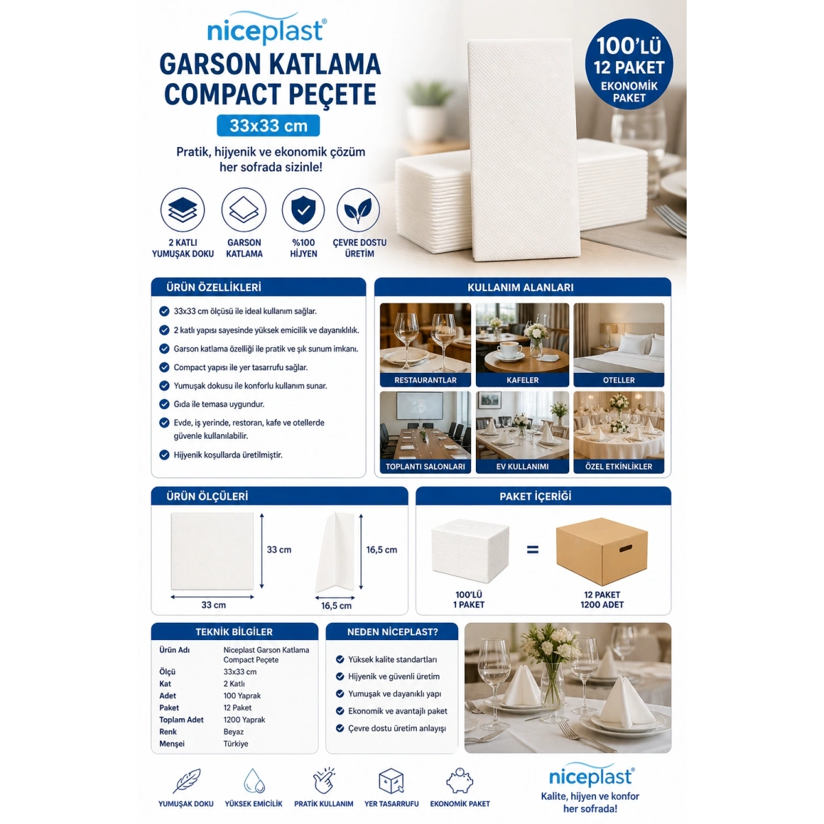 Niceplast Garson Katlama Compact Peçete 33x33 cm 100lü 12 Paket