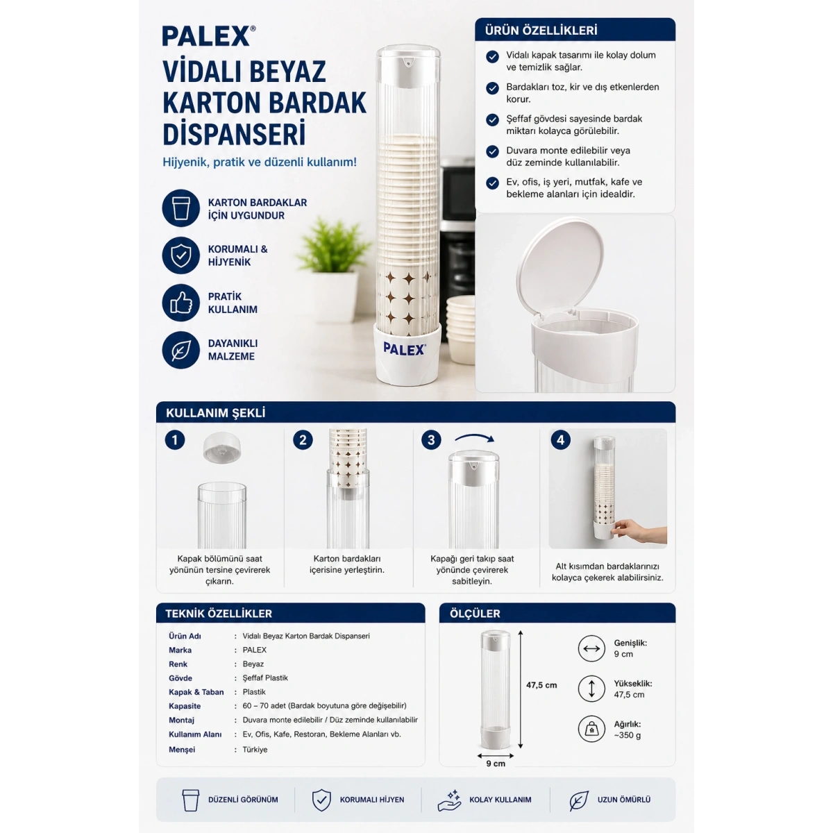 Vidalı Beyaz Karton Bardak Dispanseri