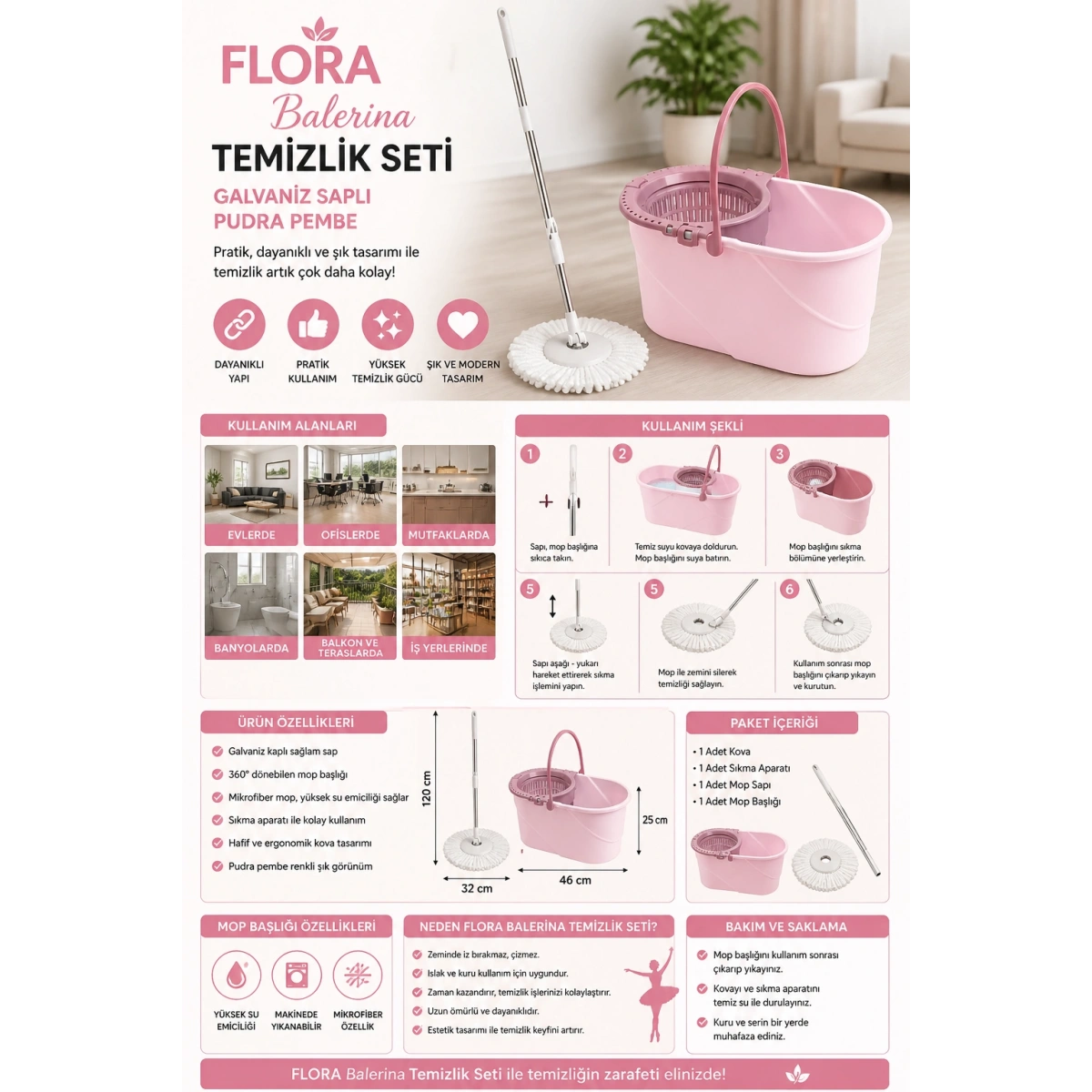 Flora Balerina Galvaniz Saplı Pudra Pembe Temizlik Seti