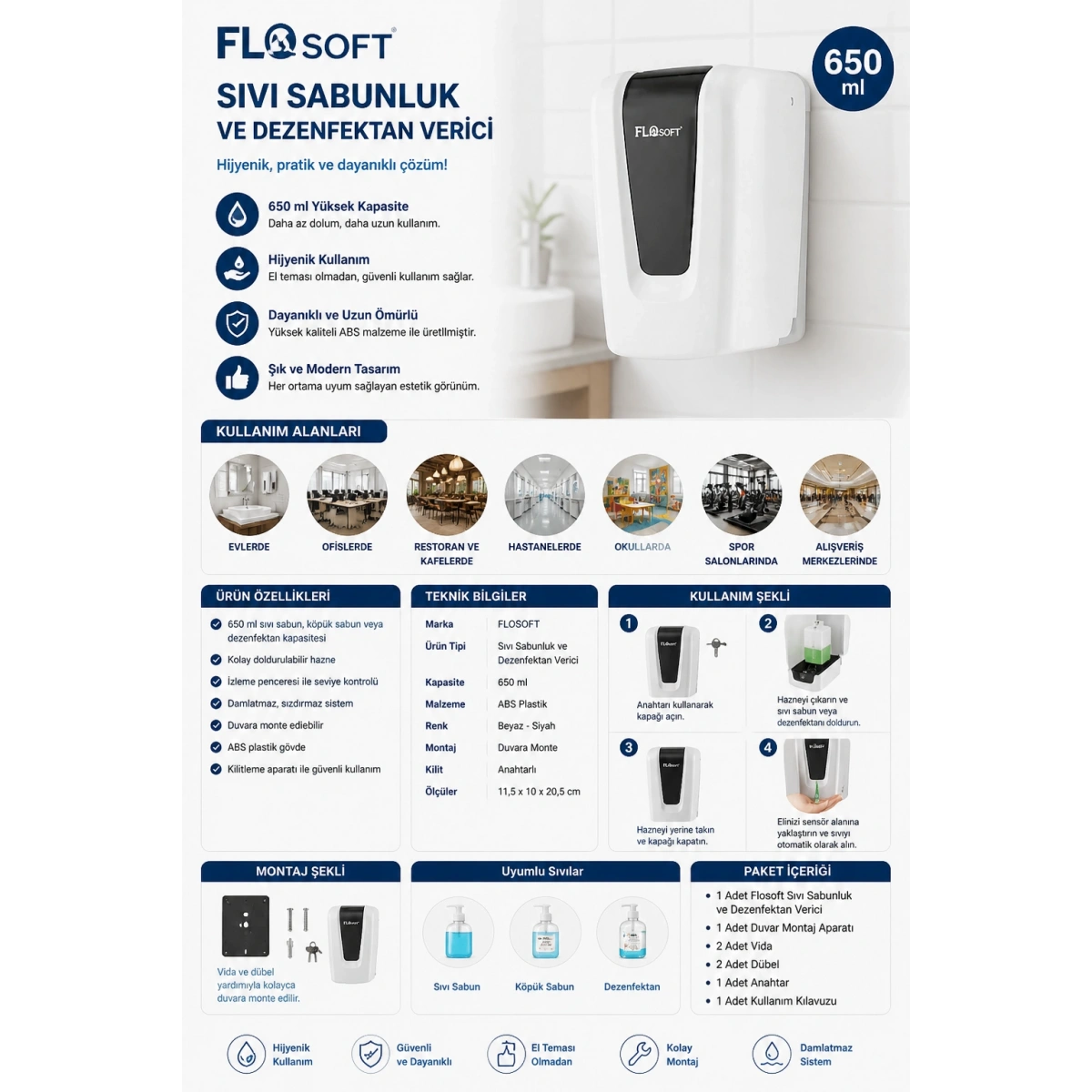 Flosoft Sıvı Sabunluk Ve Dezenfektan Verici 650 ml