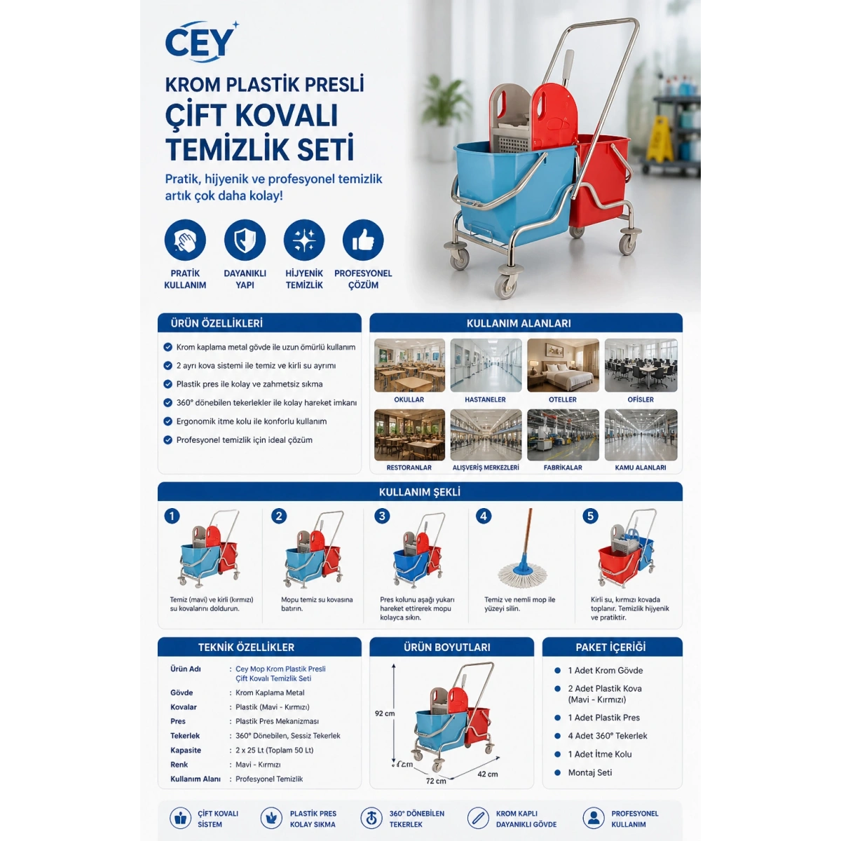 Ceymop Krom Plastik Presli Çift Kovalı Temizlik Seti