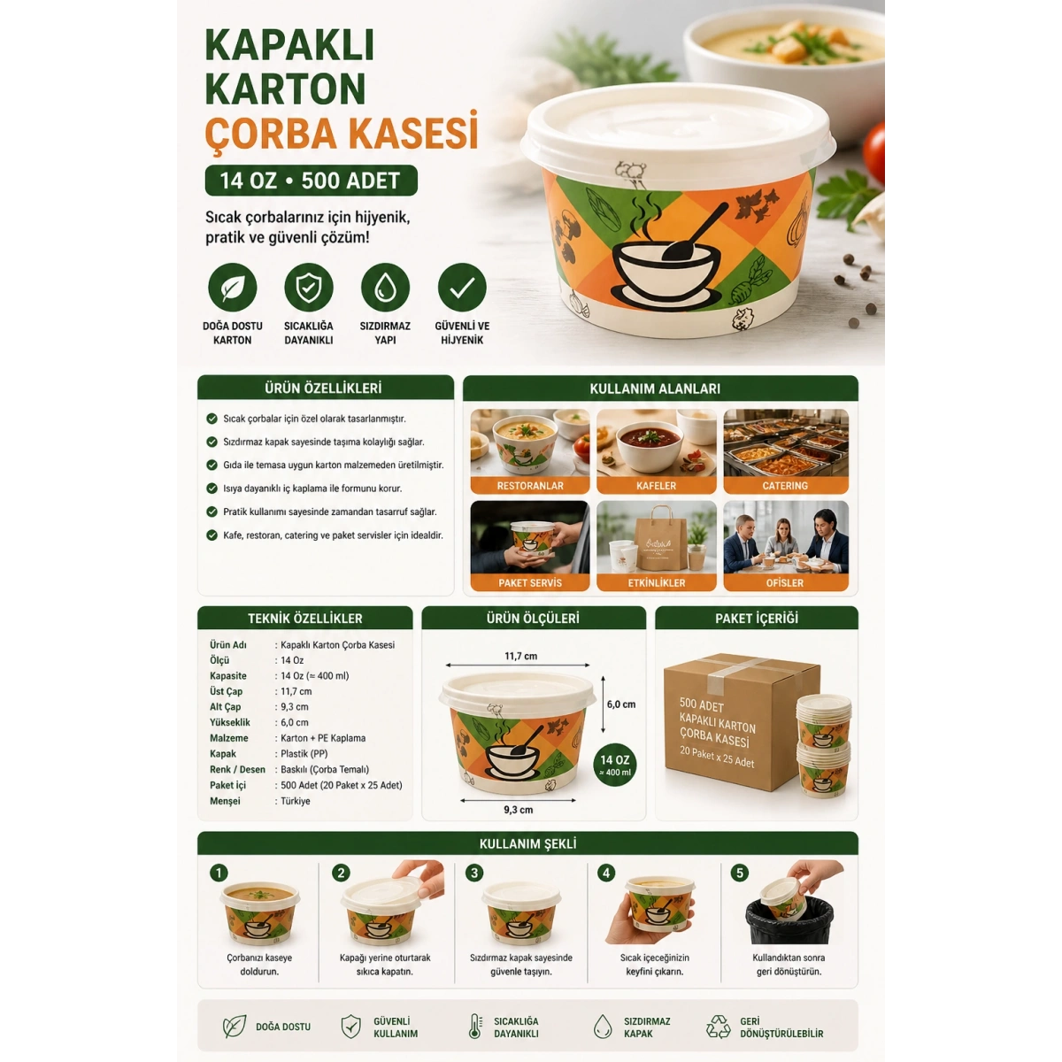 Kapaklı Karton Çorba Kasesi 14 Oz 500 Adet