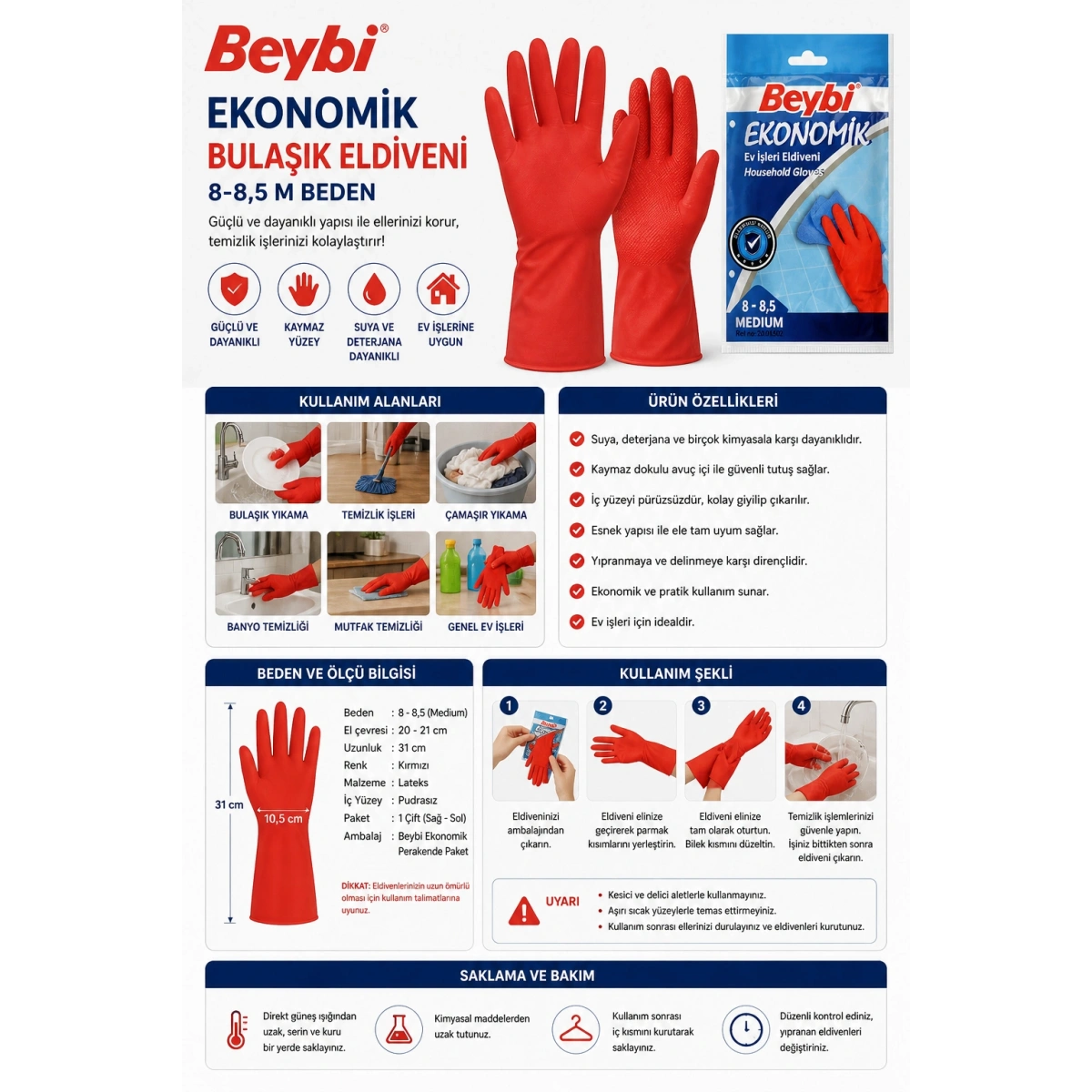Beybi Kırmızı Bulaşık Eldiveni 8-8,5 M Beden