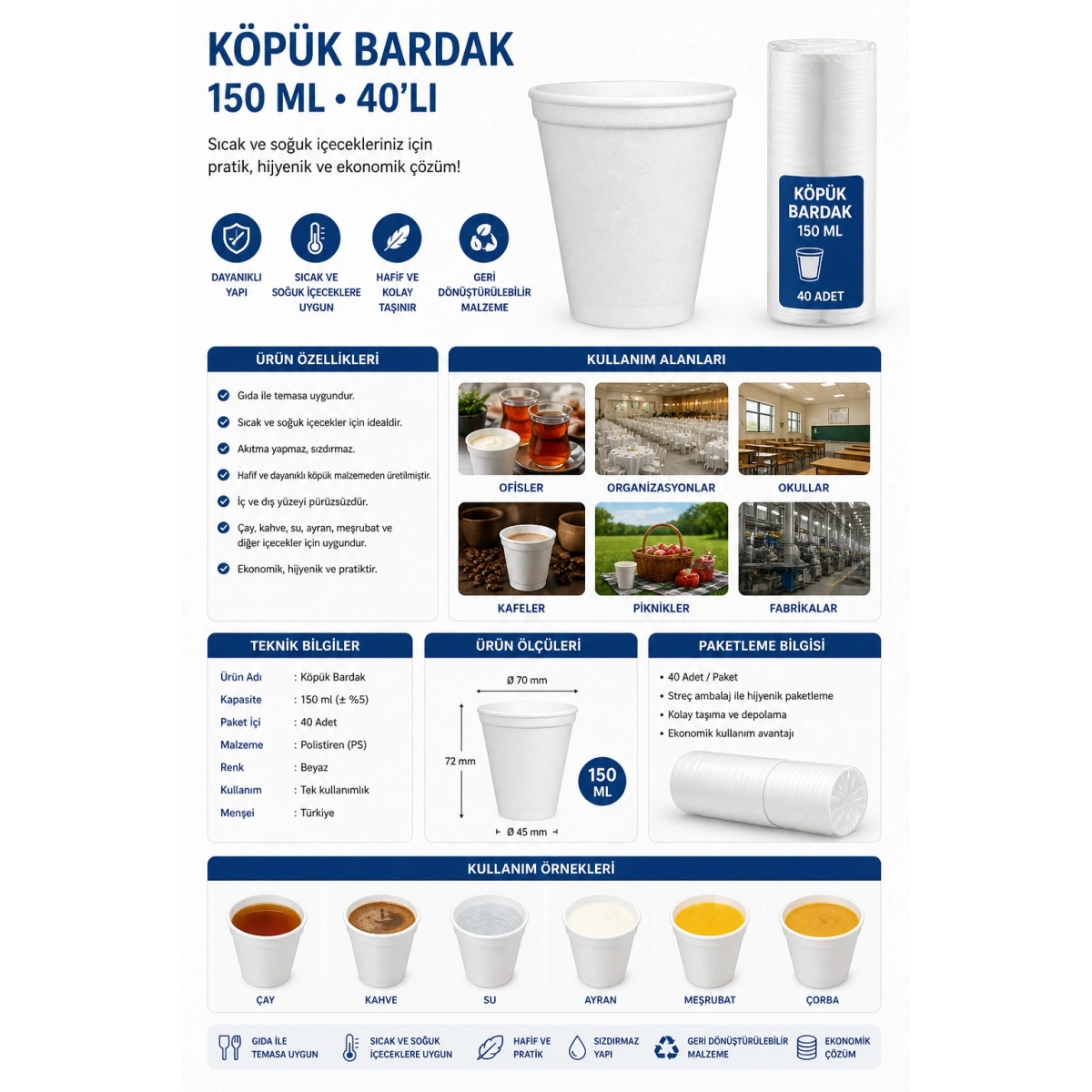 Köpük Bardak 150 ml 40lı