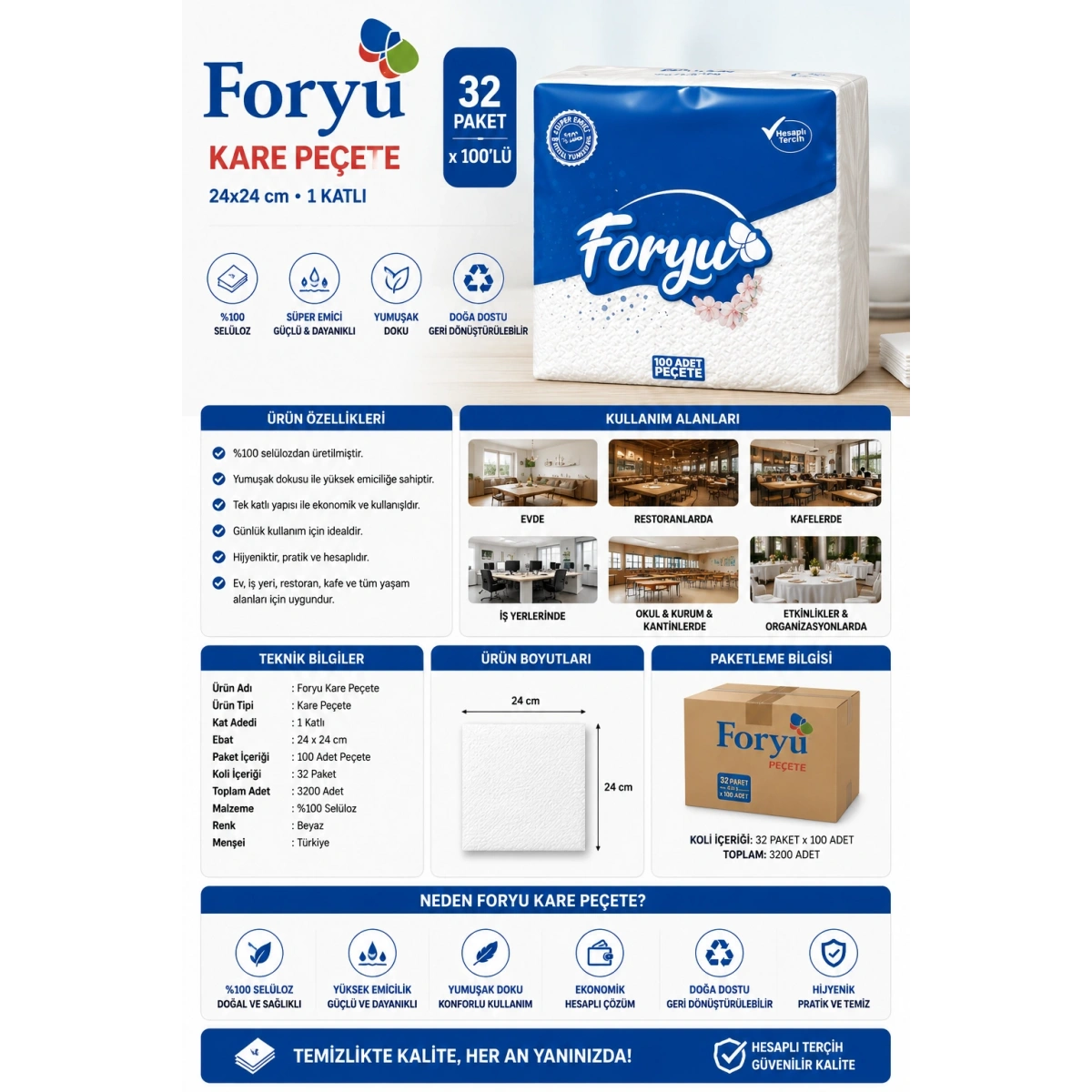 Foryu Kare Peçete 24x24 cm 32 paket x 100lü