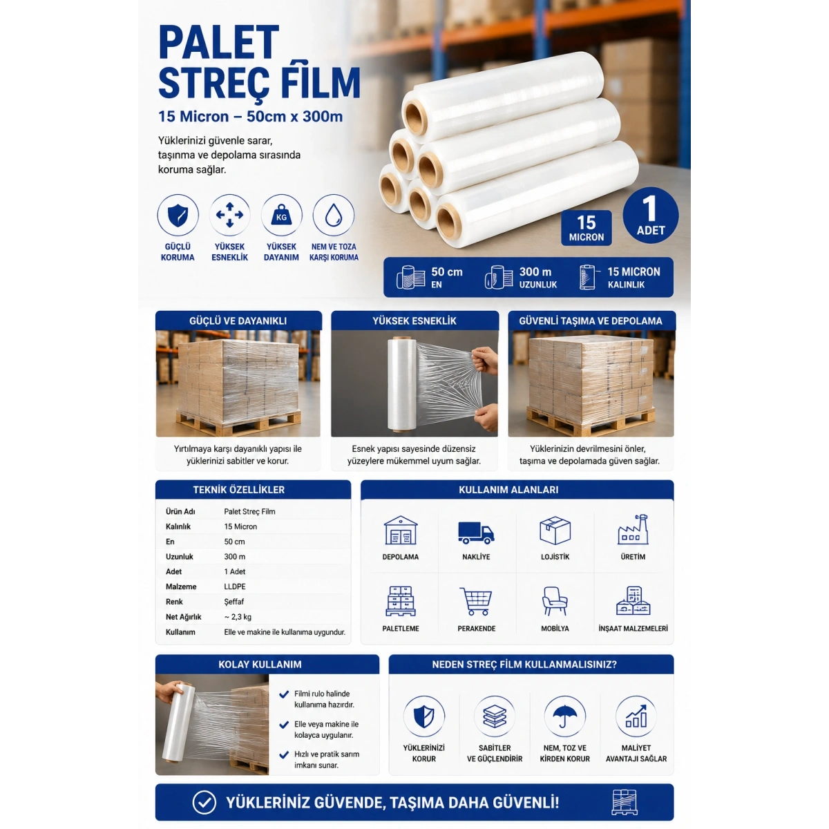 Palet Streç Film 15 Micron 50x300 m 1 Adet